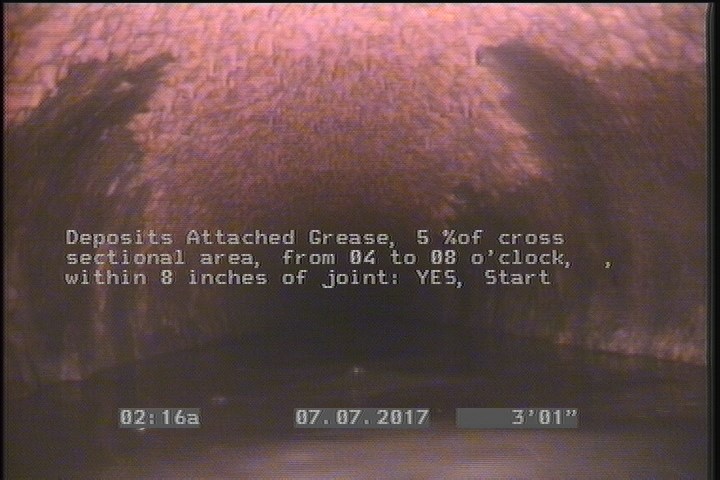 Deposits Attached Grease, 5 %of cross sectional area, from 04 to 08 o'clock, , within 8 inches of joint: YES, Start