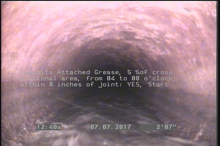 Deposits Attached Grease, 5 %of cross sectional area, from 04 to 08 o'clock, , within 8 inches of joint: YES, Start