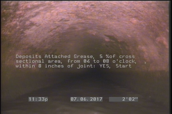 Deposits Attached Grease, 5 %of cross sectional area, from 04 to 08 o'clock, , within 8 inches of joint: YES, Start