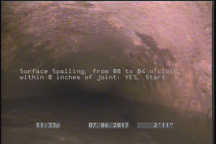 Surface Spalling, from 08 to 04 o'clock, within 8 inches of joint: YES, Start