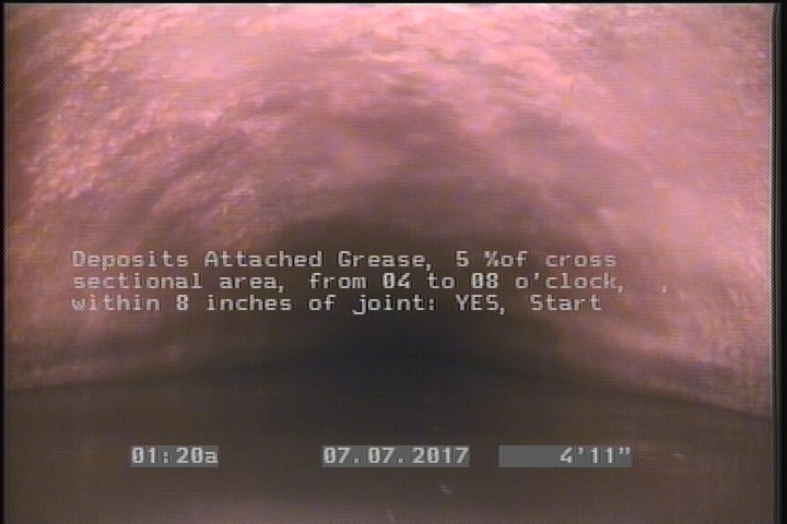 Deposits Attached Grease, 5 %of cross sectional area, from 04 to 08 o'clock, , within 8 inches of joint: YES, Start
