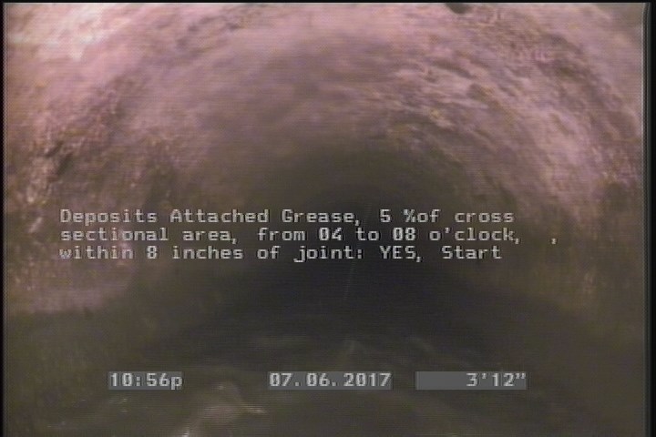 Deposits Attached Grease, 5 %of cross sectional area, from 04 to 08 o'clock, , within 8 inches of joint: YES, Start