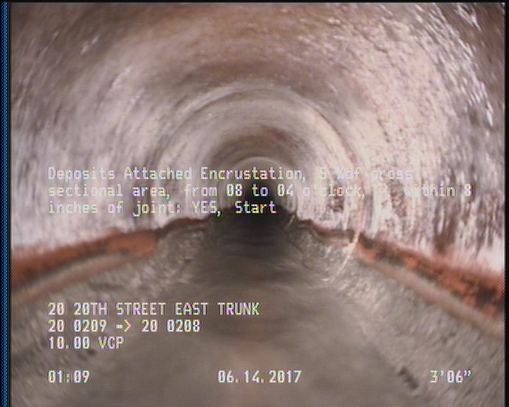 Deposits Attached Encrustation, 5 %of cross sectional area, from 08 to 04 o'clock, , within 8 inches of joint: YES, Start