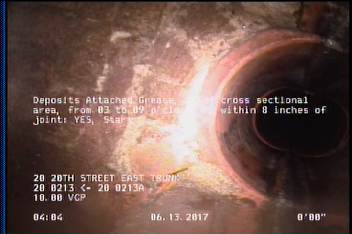 Deposits Attached Grease, 5 %of cross sectional area, from 03 to 09 o'clock, , within 8 inches of joint: YES, Start