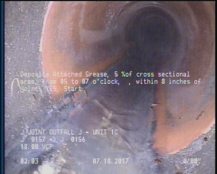 Deposits Attached Grease, 5 %of cross sectional area, from 05 to 07 o'clock, , within 8 inches of joint: YES, Start