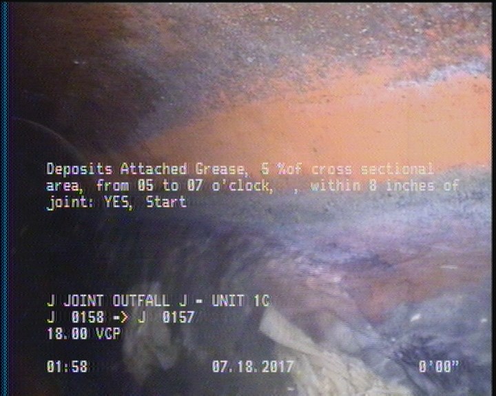 Deposits Attached Grease, 5 %of cross sectional area, from 05 to 07 o'clock, , within 8 inches of joint: YES, Start