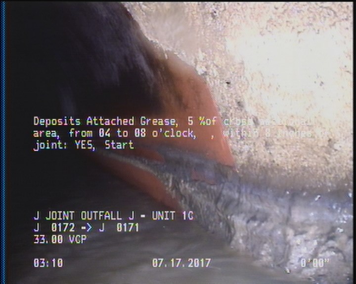 Deposits Attached Grease, 5 %of cross sectional area, from 04 to 08 o'clock, , within 8 inches of joint: YES, Start