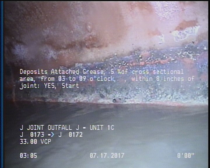 Deposits Attached Grease, 5 %of cross sectional area, from 03 to 09 o'clock, , within 8 inches of joint: YES, Start