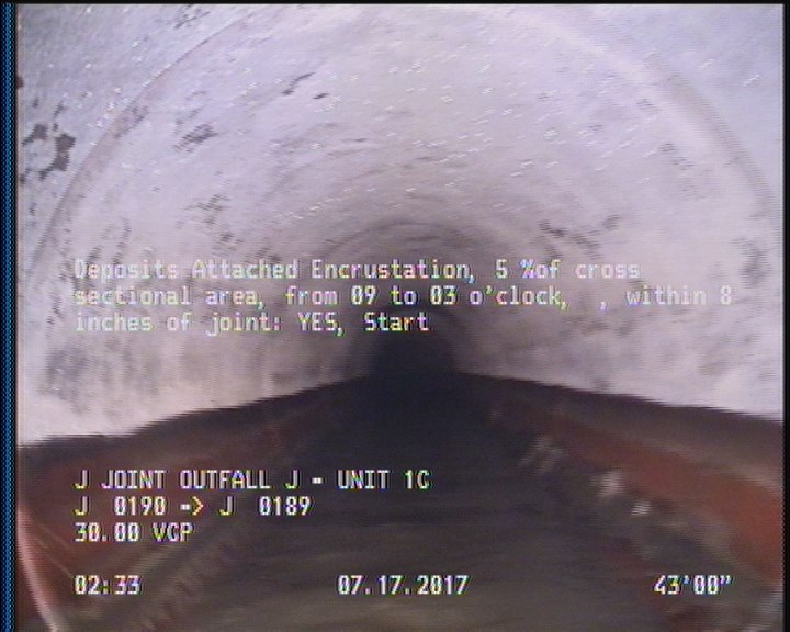 Deposits Attached Encrustation, 5 %of cross sectional area, from 09 to 03 o'clock, , within 8 inches of joint: YES, Start