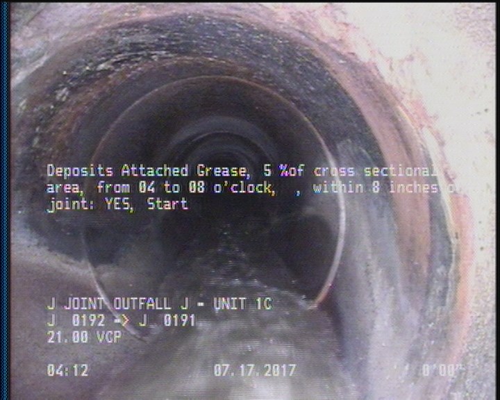Deposits Attached Grease, 5 %of cross sectional area, from 04 to 08 o'clock, , within 8 inches of joint: YES, Start