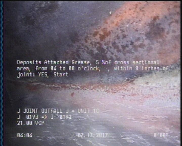 Deposits Attached Grease, 5 %of cross sectional area, from 04 to 08 o'clock, , within 8 inches of joint: YES, Start
