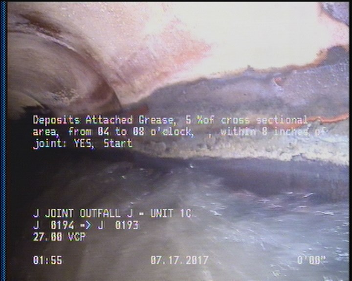 Deposits Attached Grease, 5 %of cross sectional area, from 04 to 08 o'clock, , within 8 inches of joint: YES, Start