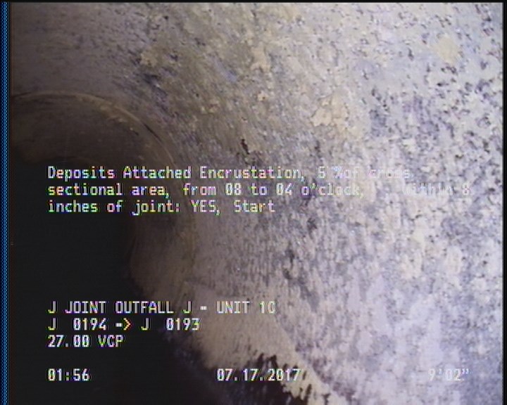 Deposits Attached Encrustation, 5 %of cross sectional area, from 08 to 04 o'clock, , within 8 inches of joint: YES, Start