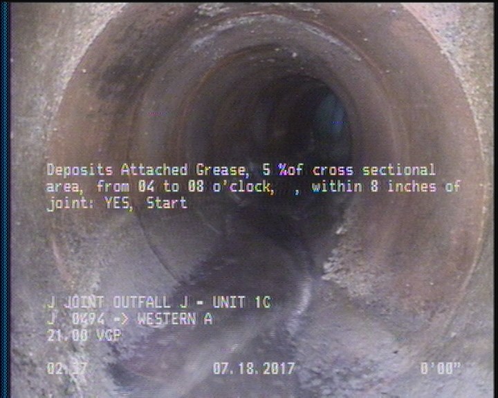 Deposits Attached Grease, 5 %of cross sectional area, from 04 to 08 o'clock, , within 8 inches of joint: YES, Start