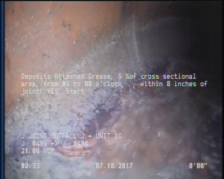 Deposits Attached Grease, 5 %of cross sectional area, from 04 to 08 o'clock, , within 8 inches of joint: YES, Start