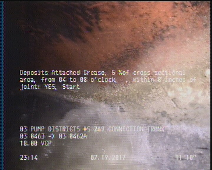 Deposits Attached Grease, 5 %of cross sectional area, from 04 to 08 o'clock, , within 8 inches of joint: YES, Start