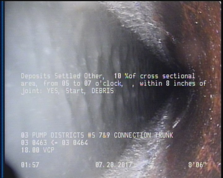 Deposits Settled Other, 10 %of cross sectional area, from 05 to 07 o'clock, , within 8 inches of joint: YES, Start - DEBRIS