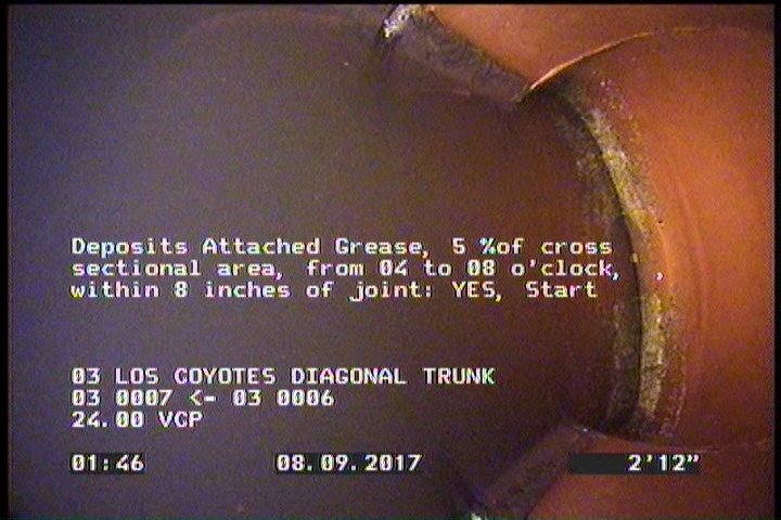 Deposits Attached Grease, 5 %of cross sectional area, from 04 to 08 o'clock, , within 8 inches of joint: YES