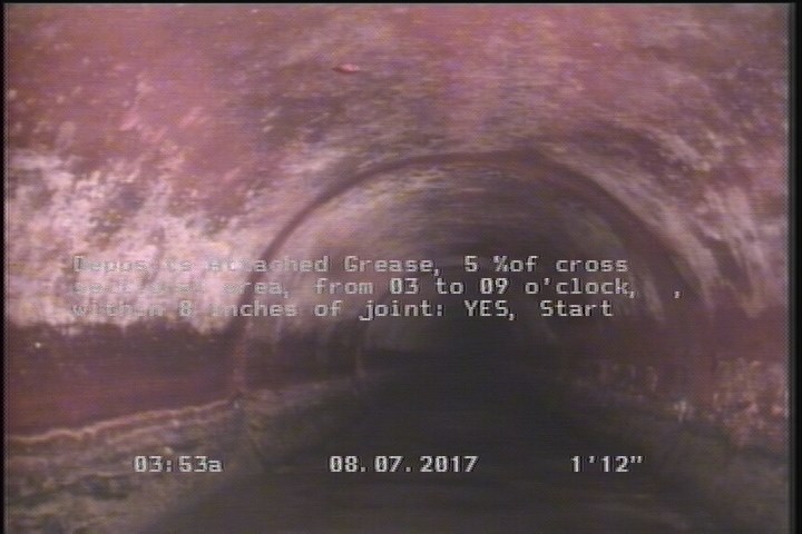 Deposits Attached Grease, 5 %of cross sectional area, from 03 to 09 o'clock, , within 8 inches of joint: YES, Start