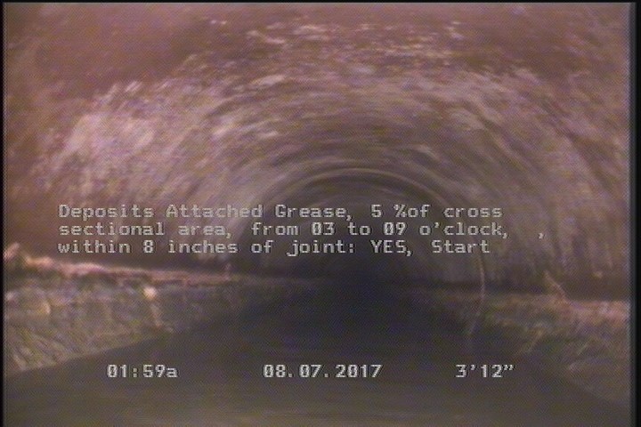 Deposits Attached Grease, 5 %of cross sectional area, from 03 to 09 o'clock, , within 8 inches of joint: YES, Start