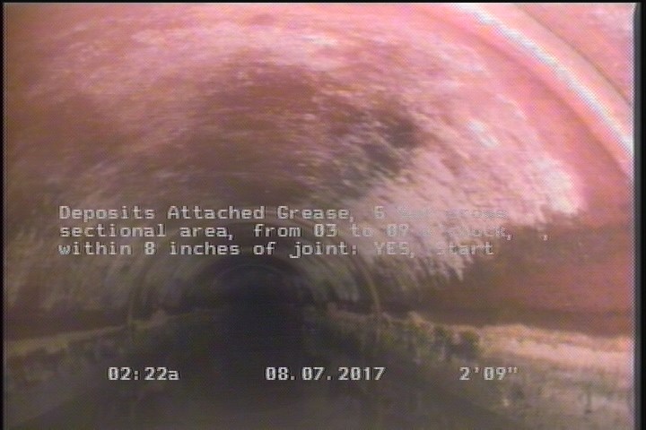 Deposits Attached Grease, 5 %of cross sectional area, from 03 to 09 o'clock, , within 8 inches of joint: YES, Start