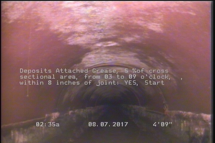 Deposits Attached Grease, 5 %of cross sectional area, from 03 to 09 o'clock, , within 8 inches of joint: YES, Start