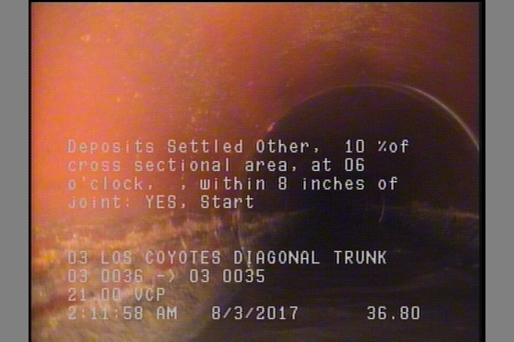 Deposits Settled Other, 10 %of cross sectional area, at 06 o'clock, , within 8 inches of joint: YES, Start