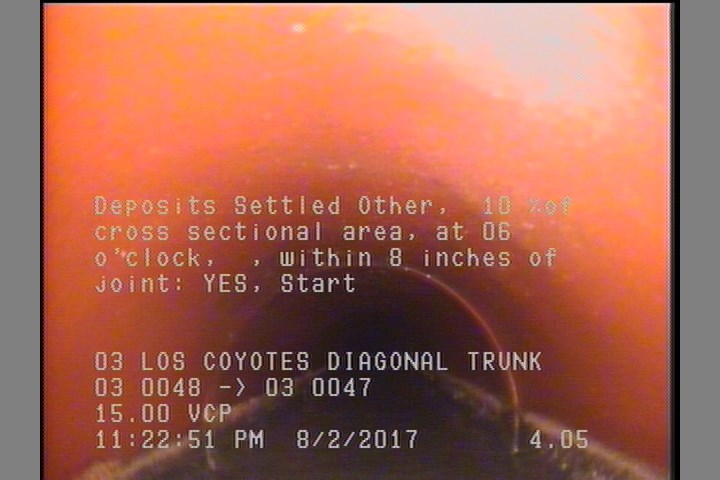 Deposits Settled Other, 10 %of cross sectional area, at 06 o'clock, , within 8 inches of joint: YES, Start