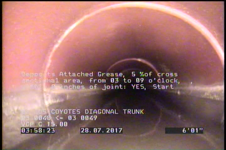 Deposits Attached Grease, 5 %of cross sectional area, from 03 to 09 o'clock, , within 8 inches of joint: YES, Start
