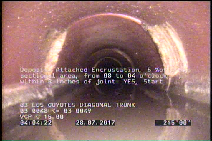 Deposits Attached Encrustation, 5 %of cross sectional area, from 08 to 04 o'clock, , within 8 inches of joint: YES, Start