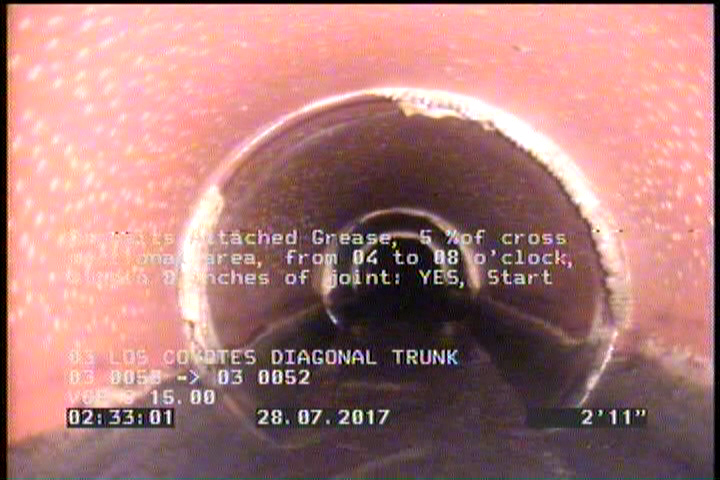Deposits Attached Grease, 5 %of cross sectional area, from 04 to 08 o'clock, , within 8 inches of joint: YES, Start