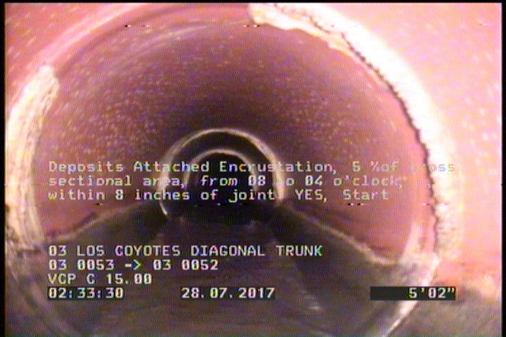Deposits Attached Encrustation, 5 %of cross sectional area, from 08 to 04 o'clock, , within 8 inches of joint: YES, Start