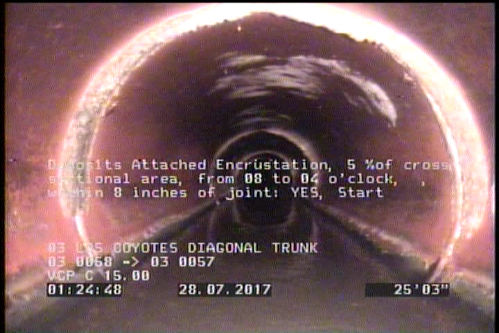 Deposits Attached Encrustation, 5 %of cross sectional area, from 08 to 04 o'clock, , within 8 inches of joint: YES, Start
