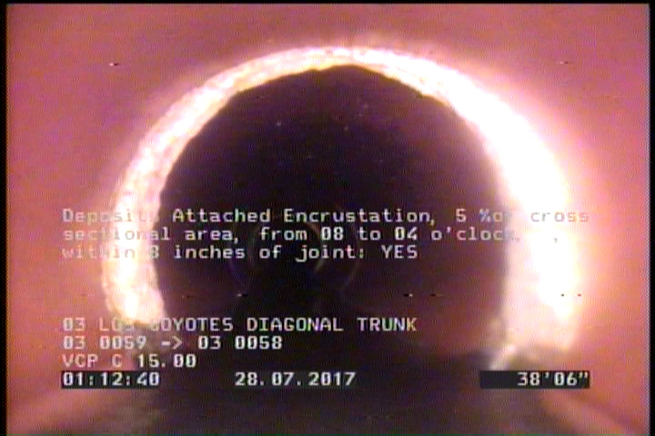Deposits Attached Encrustation, 5 %of cross sectional area, from 08 to 04 o'clock, , within 8 inches of joint: YES