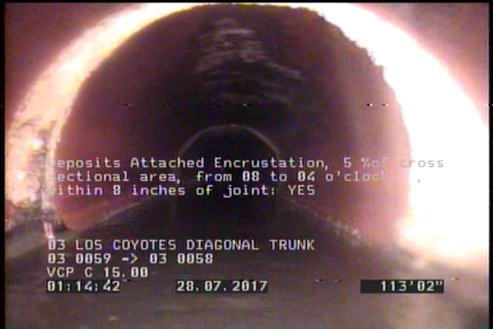 Deposits Attached Encrustation, 5 %of cross sectional area, from 08 to 04 o'clock, , within 8 inches of joint: YES, Start
