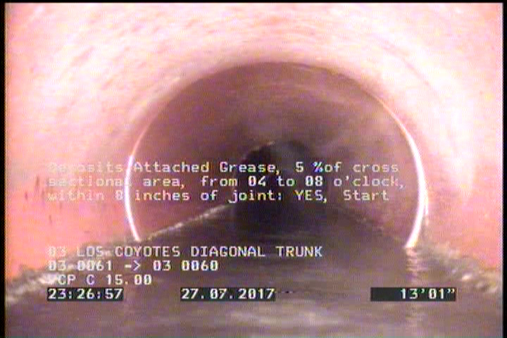 Deposits Attached Grease, 5 %of cross sectional area, from 04 to 08 o'clock, , within 8 inches of joint: YES, Start