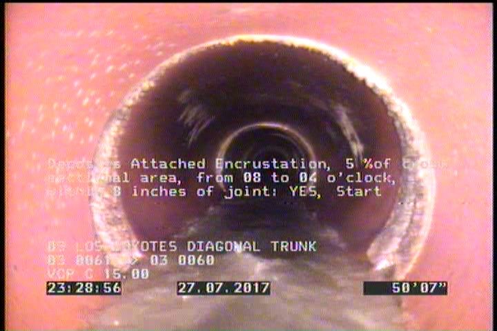 Deposits Attached Encrustation, 5 %of cross sectional area, from 08 to 04 o'clock, , within 8 inches of joint: YES, Start