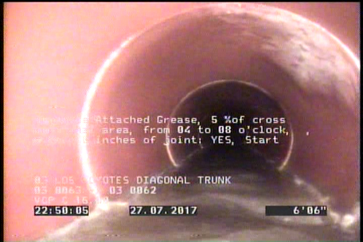 Deposits Attached Grease, 5 %of cross sectional area, from 04 to 08 o'clock, , within 8 inches of joint: YES, Start