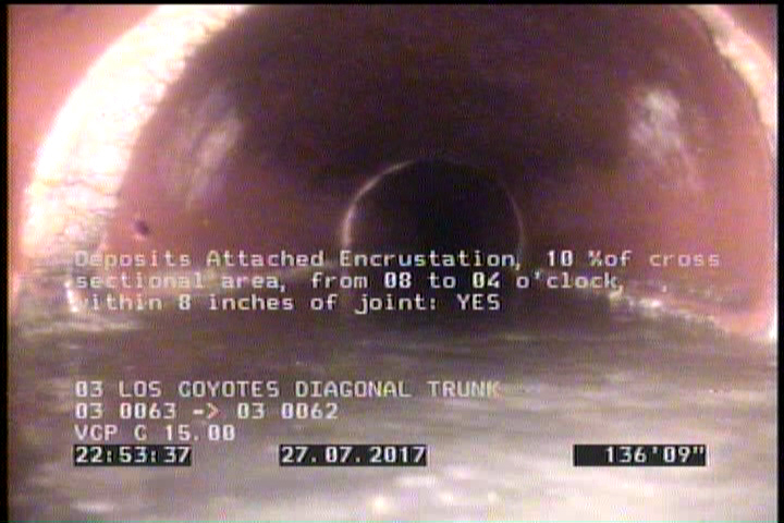 Deposits Attached Encrustation, 10 %of cross sectional area, from 08 to 04 o'clock, , within 8 inches of joint: YES