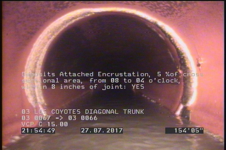 Deposits Attached Encrustation, 5 %of cross sectional area, from 08 to 04 o'clock, , within 8 inches of joint: YES