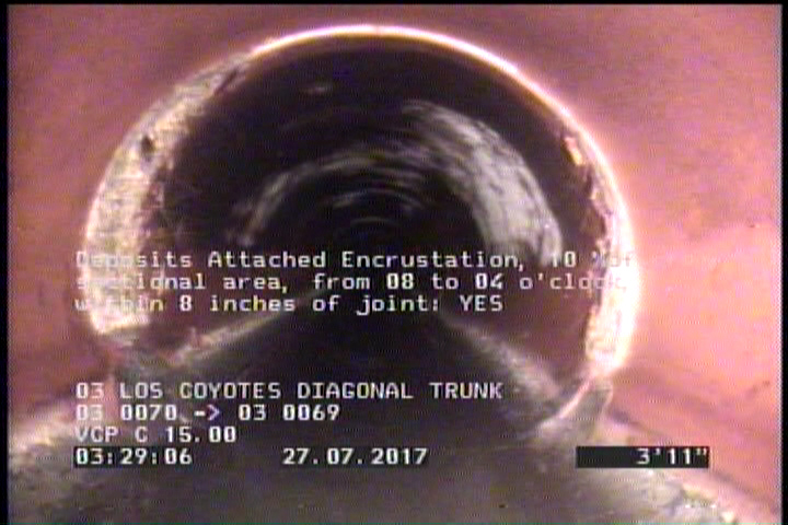 Deposits Attached Encrustation, 10 %of cross sectional area, from 08 to 04 o'clock, , within 8 inches of joint: YES