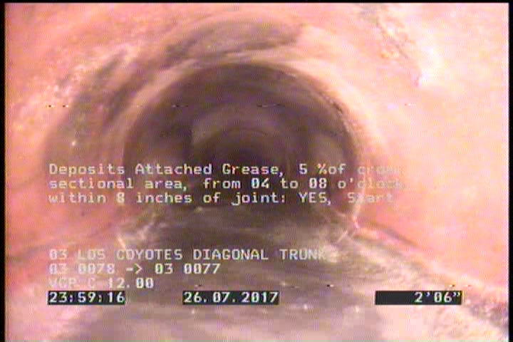 Deposits Attached Grease, 5 %of cross sectional area, from 04 to 08 o'clock, , within 8 inches of joint: YES, Start