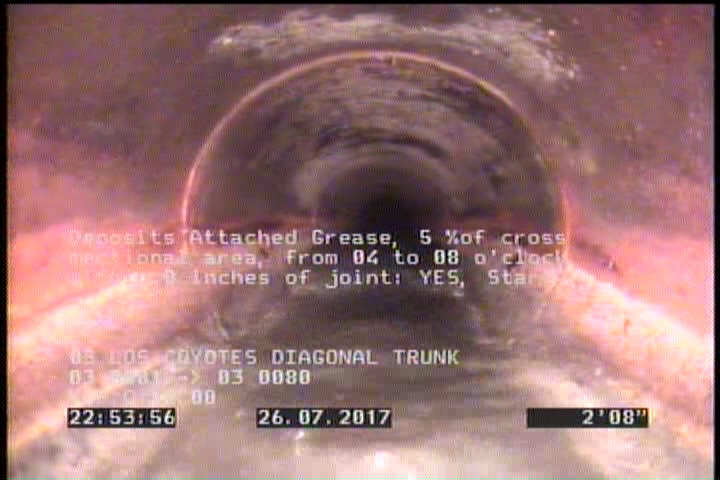 Deposits Attached Grease, 5 %of cross sectional area, from 04 to 08 o'clock, , within 8 inches of joint: YES, Start