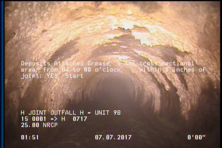 Deposits Attached Grease, 5 %of cross sectional area, from 04 to 08 o'clock, , within 8 inches of joint: YES, Start