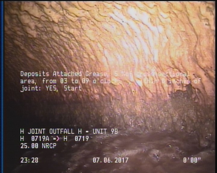 Deposits Attached Grease, 5 %of cross sectional area, from 03 to 09 o'clock, , within 8 inches of joint: YES, Start