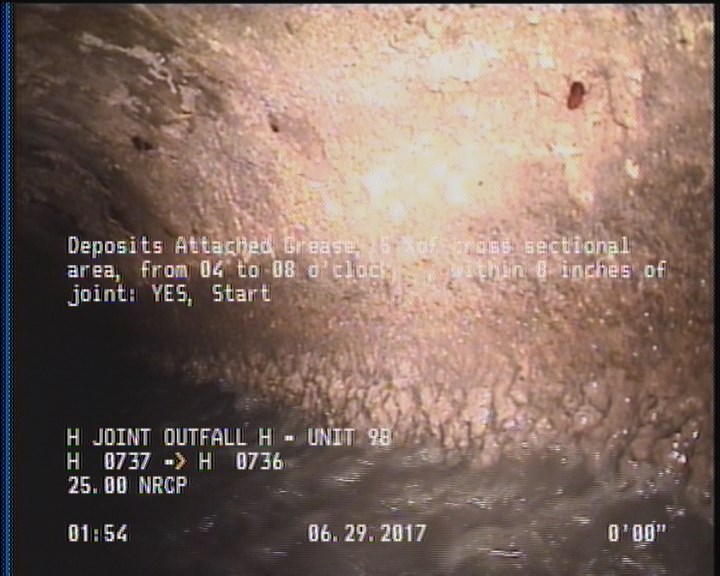 Deposits Attached Grease, 5 %of cross sectional area, from 04 to 08 o'clock, , within 8 inches of joint: YES, Start