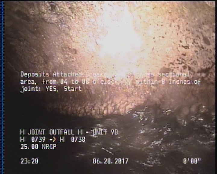 Deposits Attached Grease, 5 %of cross sectional area, from 04 to 08 o'clock, , within 8 inches of joint: YES, Start