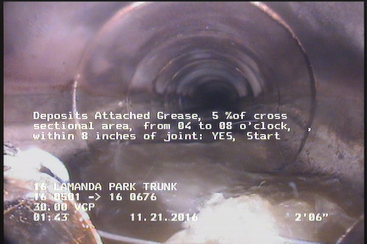 Deposits Attached Grease, 5 %of cross sectional area, from 04 to 08 o'clock, , within 8 inches of joint: YES, Start
