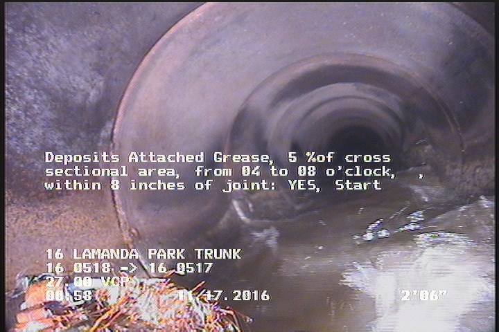 Deposits Attached Grease, 5 %of cross sectional area, from 04 to 08 o'clock, , within 8 inches of joint: YES, Start