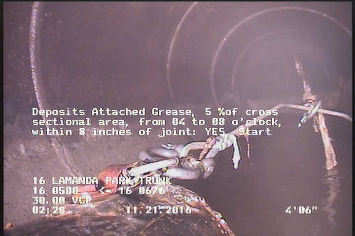 Deposits Attached Grease, 5 %of cross sectional area, from 04 to 08 o'clock, , within 8 inches of joint: YES, Start